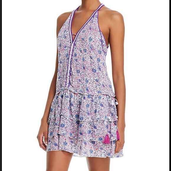 Poupette St Barth Bety Ruffled Mini Dress in Aster With Purple & White Trim XXL - Picture 2 of 7